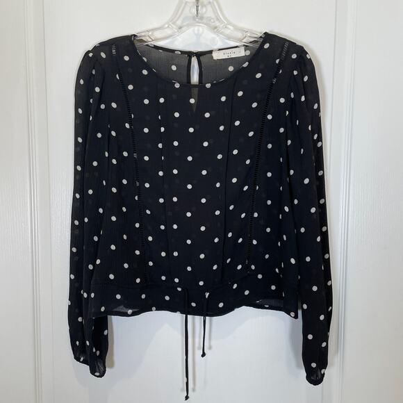 Elodie Tops - Elodie Polka Dot Print Blouse Drawstring Tie Ladder Lace Long Sleeves S